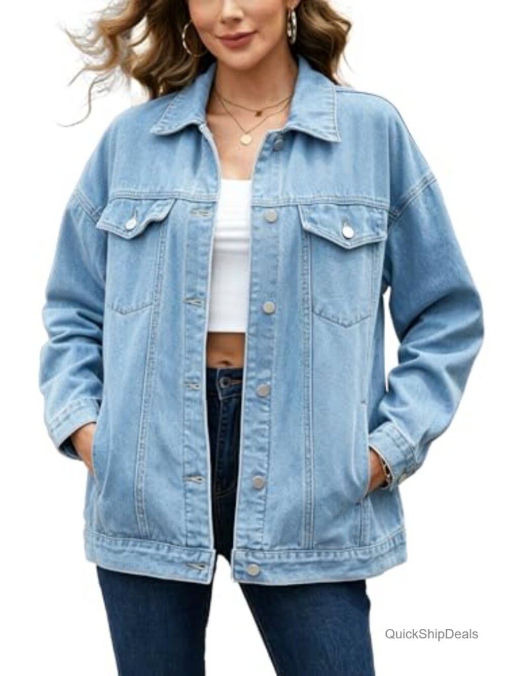 Oversized Cotton Denim Jacket Button Down Drop Shoulder Relaxed Fit
